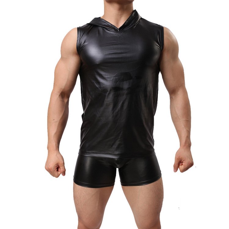 Men's Fashion Casual Faux Leather Tank Top Shorts - Image 2
